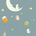 Cute whimsical animals and night sky